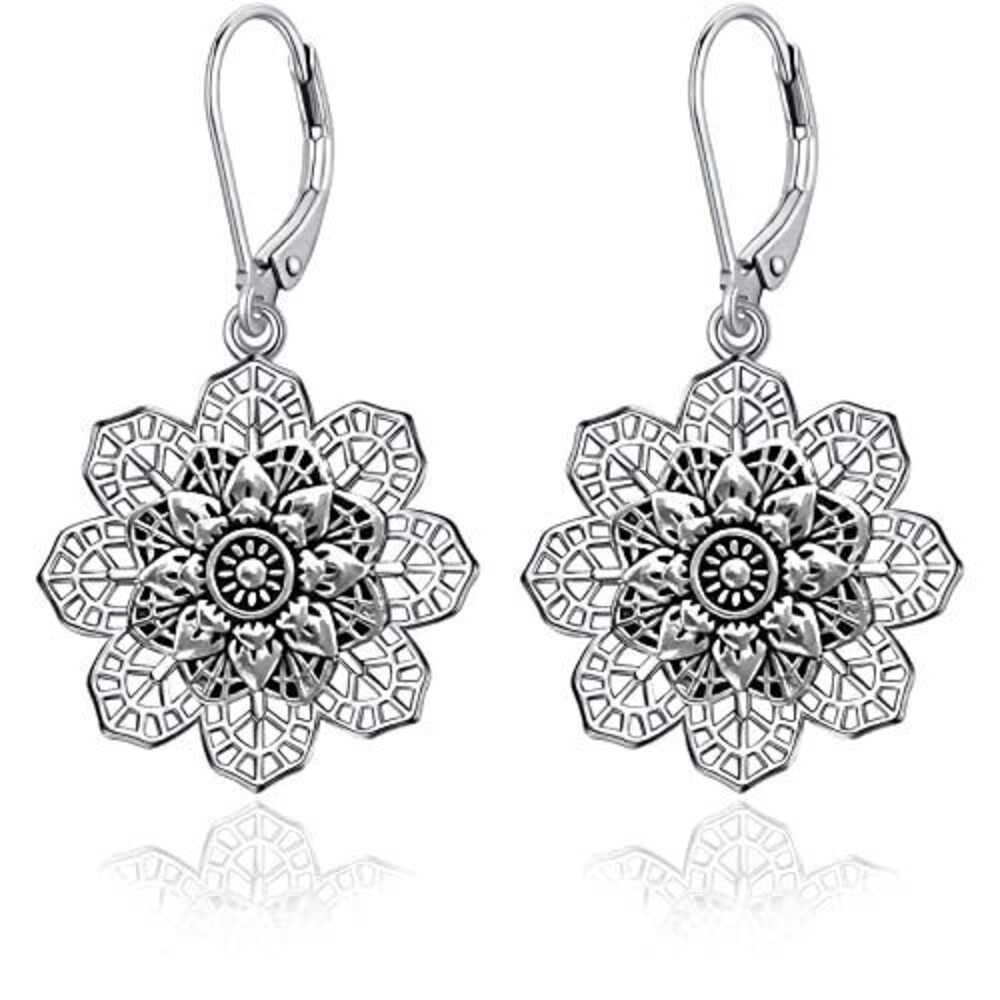 9341 Boho Vintage Flower Earrings , Sterling Silver Leverback Bohemian